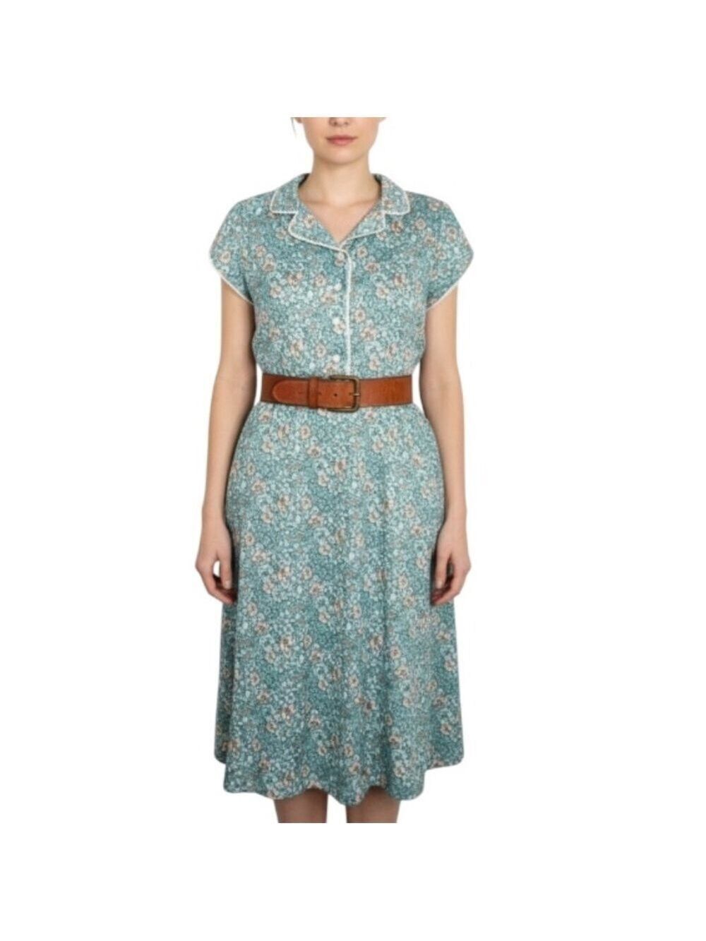 Vintage 70s teal floral lace trim collared short sleeve knee length day dress